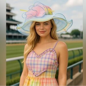 Kentucky Derby Hat Pastel Rainbow Organza Feathers Wide Brim Easter Church Hat